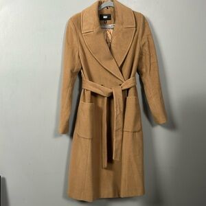 Dkny Wool Blend Double Breasted Single Button Belted Tan Midi Coat size S